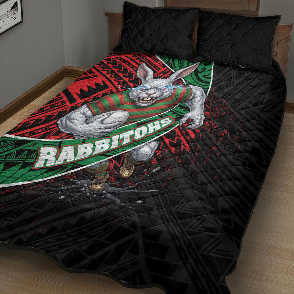 South Sydney Rabbitohs Rugby Quilt Bed Set Tribal Polynesian Power Art - Lightning Mascot