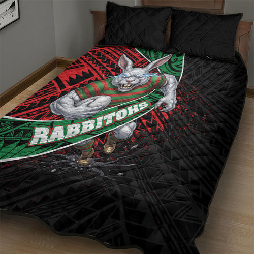South Sydney Rabbitohs Rugby Quilt Bed Set Tribal Polynesian Power Art - Lightning Mascot