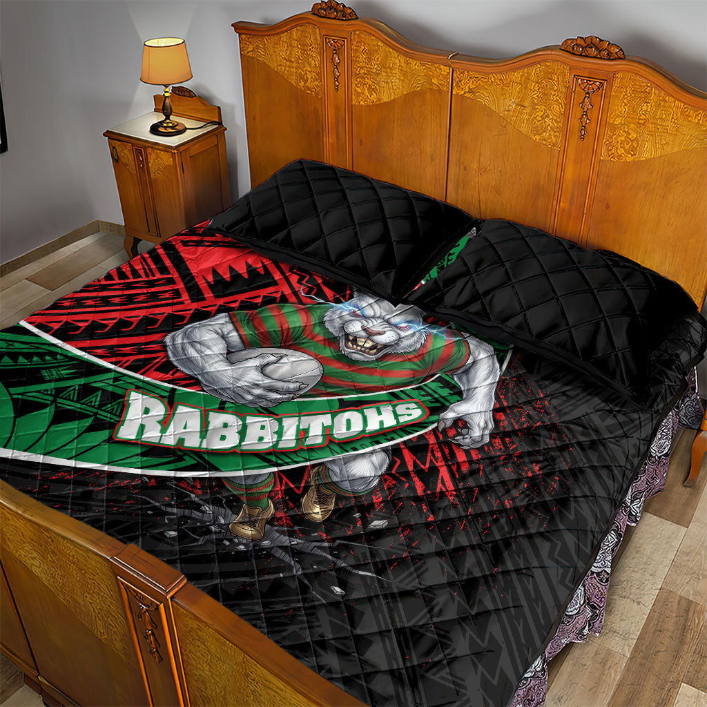 South Sydney Rabbitohs Rugby Quilt Bed Set Tribal Polynesian Power Art - Lightning Mascot