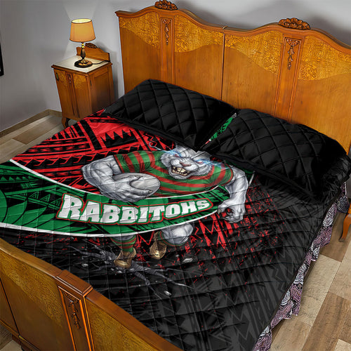 South Sydney Rabbitohs Rugby Quilt Bed Set Tribal Polynesian Power Art - Lightning Mascot
