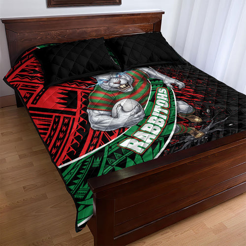 South Sydney Rabbitohs Rugby Quilt Bed Set Tribal Polynesian Power Art - Lightning Mascot