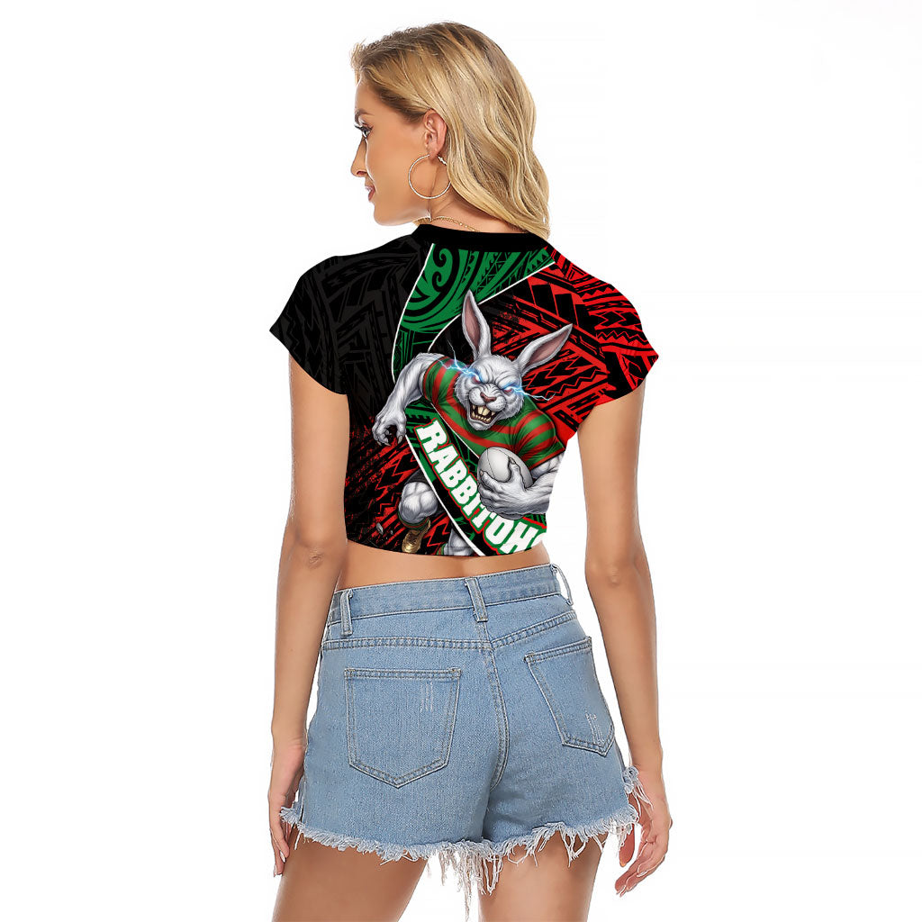 South Sydney Rabbitohs Rugby Raglan Cropped T Shirt Tribal Polynesian Power Art - Lightning Mascot