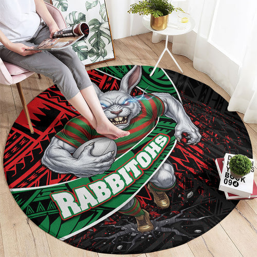 South Sydney Rabbitohs Rugby Round Carpet Tribal Polynesian Power Art - Lightning Mascot