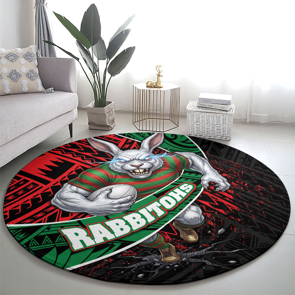 South Sydney Rabbitohs Rugby Round Carpet Tribal Polynesian Power Art - Lightning Mascot
