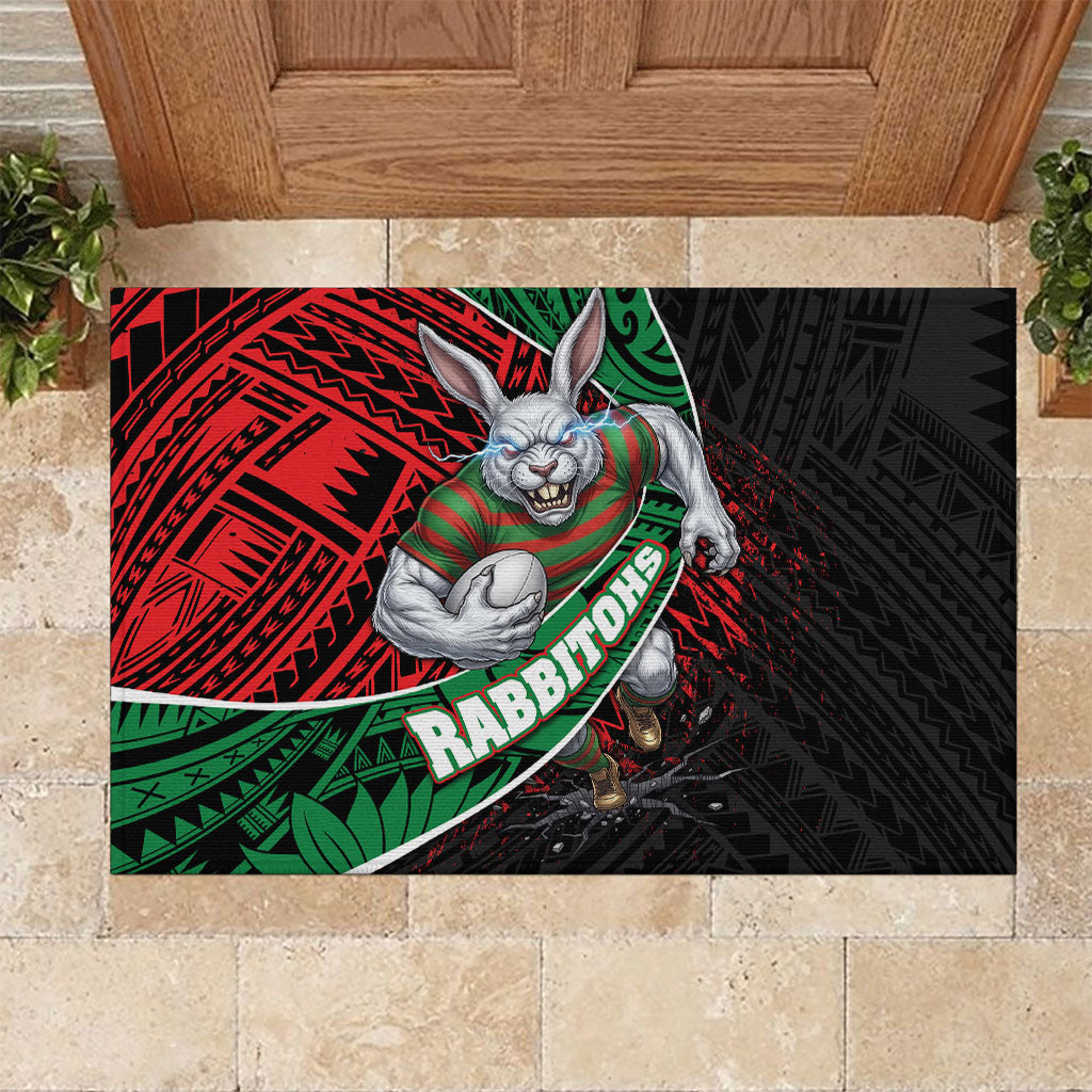 South Sydney Rabbitohs Rugby Rubber Doormat Tribal Polynesian Power Art - Lightning Mascot