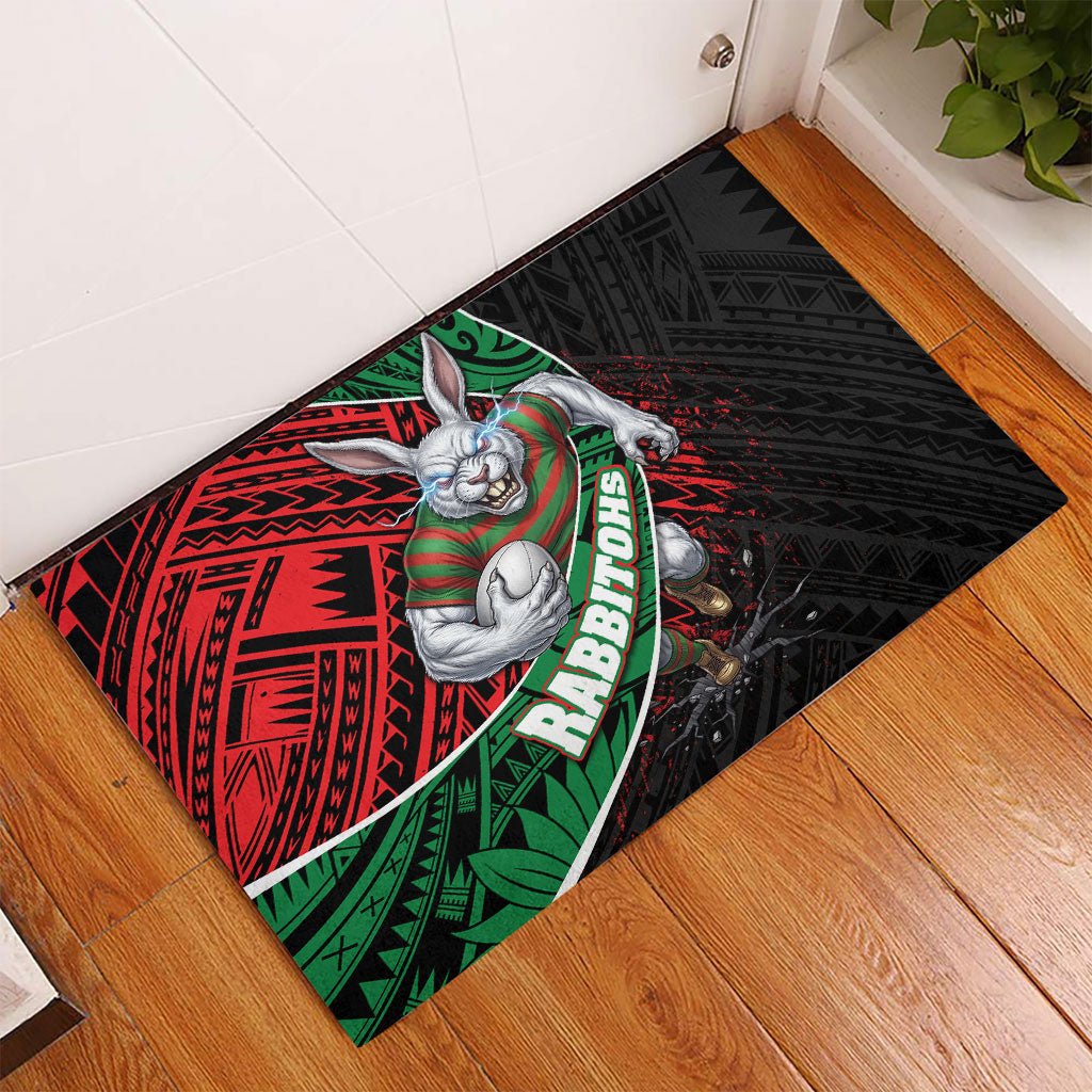 South Sydney Rabbitohs Rugby Rubber Doormat Tribal Polynesian Power Art - Lightning Mascot