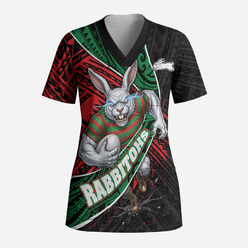 South Sydney Rabbitohs Rugby Scrub Top Tribal Polynesian Power Art - Lightning Mascot