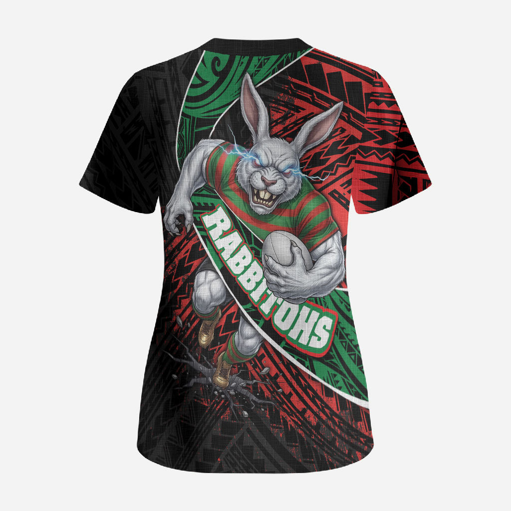 South Sydney Rabbitohs Rugby Scrub Top Tribal Polynesian Power Art - Lightning Mascot