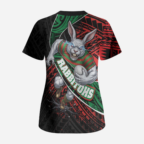 South Sydney Rabbitohs Rugby Scrub Top Tribal Polynesian Power Art - Lightning Mascot