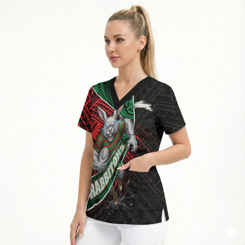 South Sydney Rabbitohs Rugby Scrub Top Tribal Polynesian Power Art - Lightning Mascot