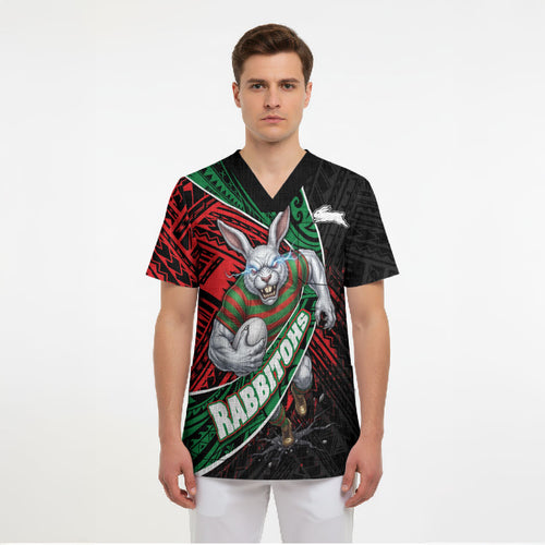 South Sydney Rabbitohs Rugby Scrub Top Tribal Polynesian Power Art - Lightning Mascot