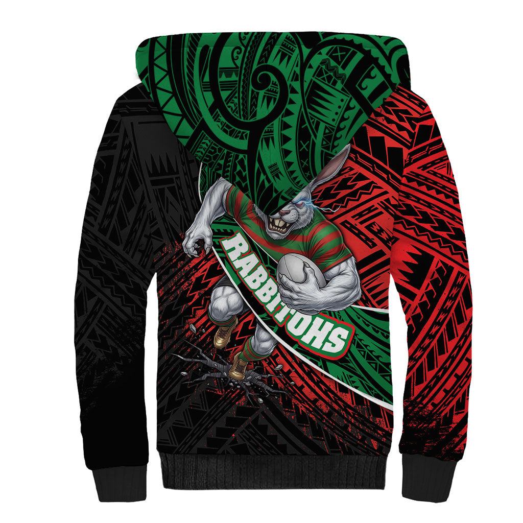 South Sydney Rabbitohs Rugby Sherpa Hoodie Tribal Polynesian Power Art - Lightning Mascot