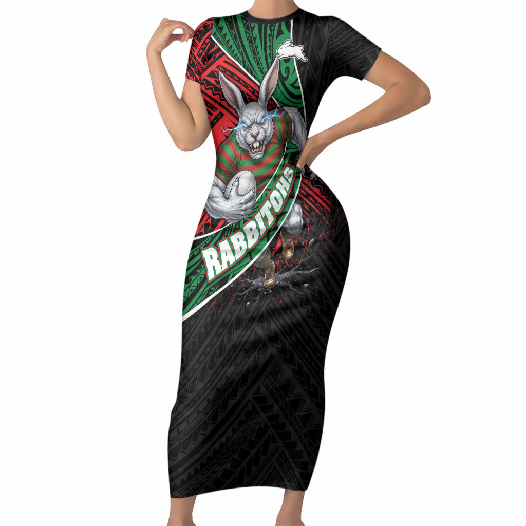 South Sydney Rabbitohs Rugby Short Sleeve Bodycon Dress Tribal Polynesian Power Art - Lightning Mascot