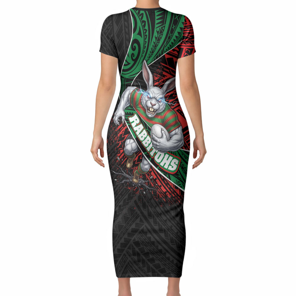 South Sydney Rabbitohs Rugby Short Sleeve Bodycon Dress Tribal Polynesian Power Art - Lightning Mascot