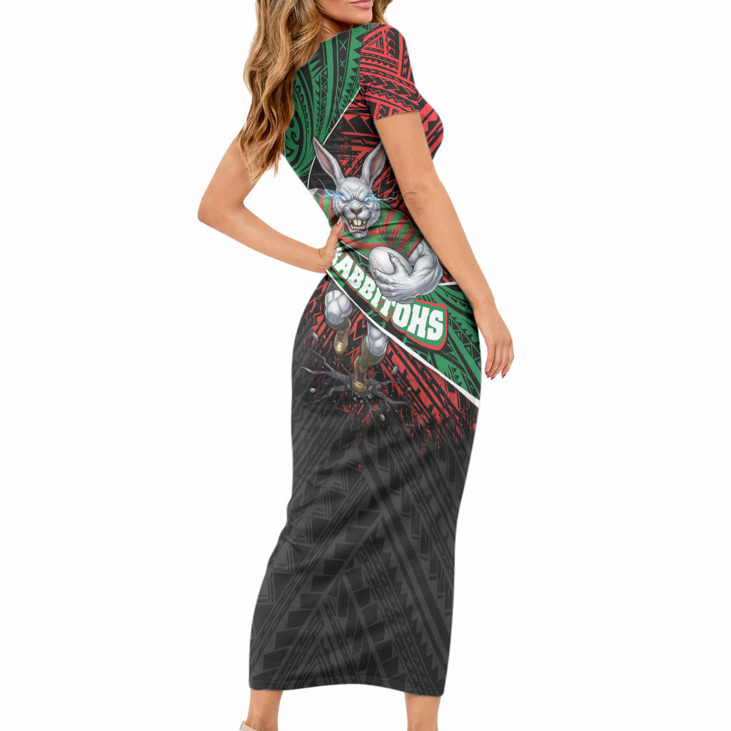 South Sydney Rabbitohs Rugby Short Sleeve Bodycon Dress Tribal Polynesian Power Art - Lightning Mascot