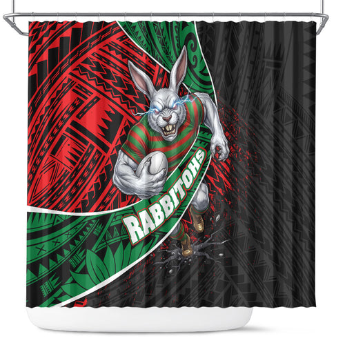 South Sydney Rabbitohs Rugby Shower Curtain Tribal Polynesian Power Art - Lightning Mascot