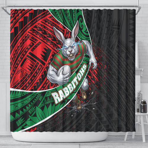 South Sydney Rabbitohs Rugby Shower Curtain Tribal Polynesian Power Art - Lightning Mascot