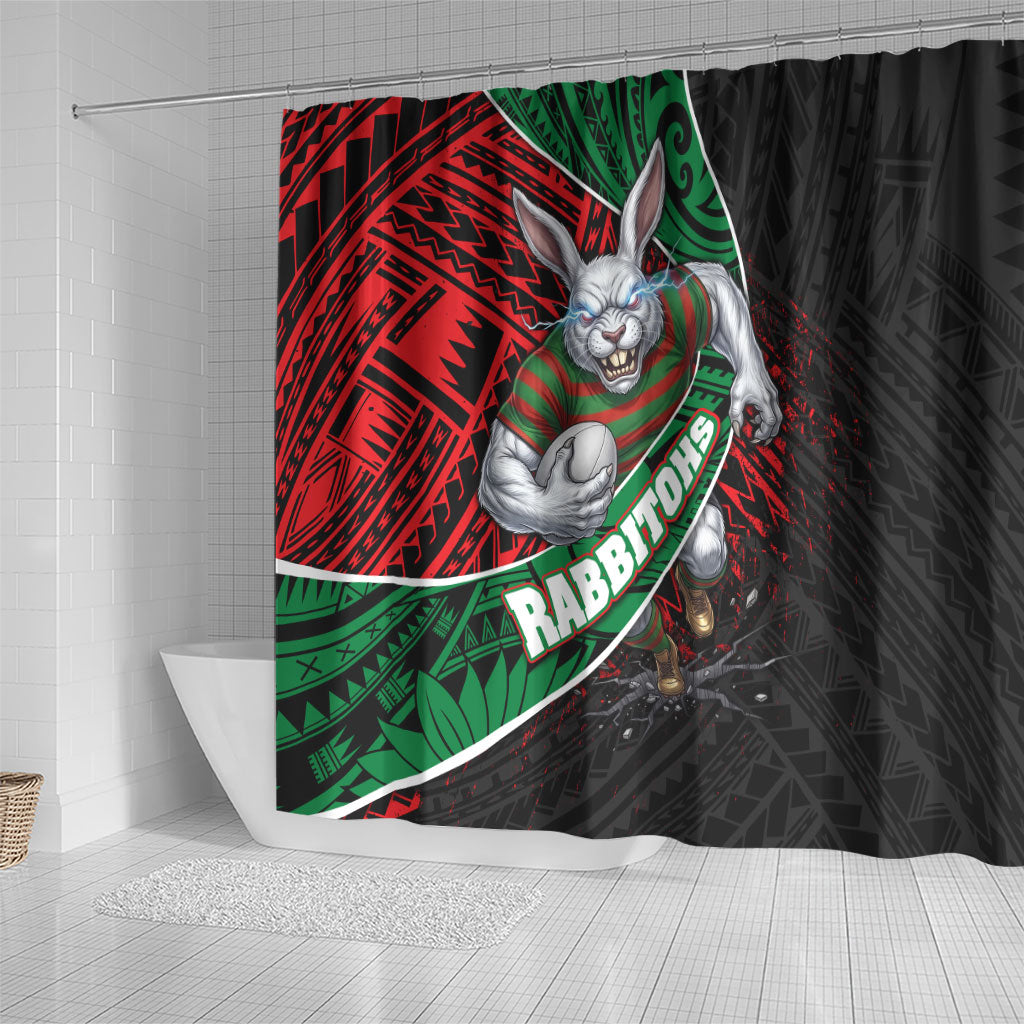 South Sydney Rabbitohs Rugby Shower Curtain Tribal Polynesian Power Art - Lightning Mascot