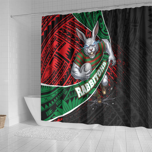 South Sydney Rabbitohs Rugby Shower Curtain Tribal Polynesian Power Art - Lightning Mascot