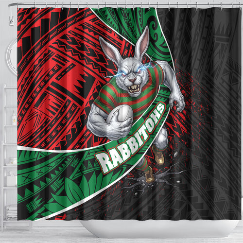 South Sydney Rabbitohs Rugby Shower Curtain Tribal Polynesian Power Art - Lightning Mascot