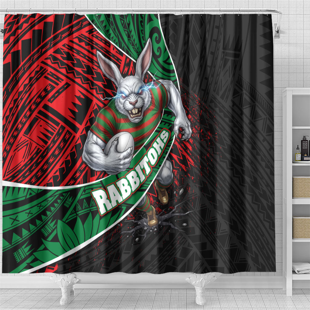 South Sydney Rabbitohs Rugby Shower Curtain Tribal Polynesian Power Art - Lightning Mascot