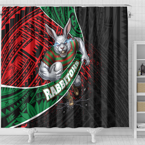 South Sydney Rabbitohs Rugby Shower Curtain Tribal Polynesian Power Art - Lightning Mascot