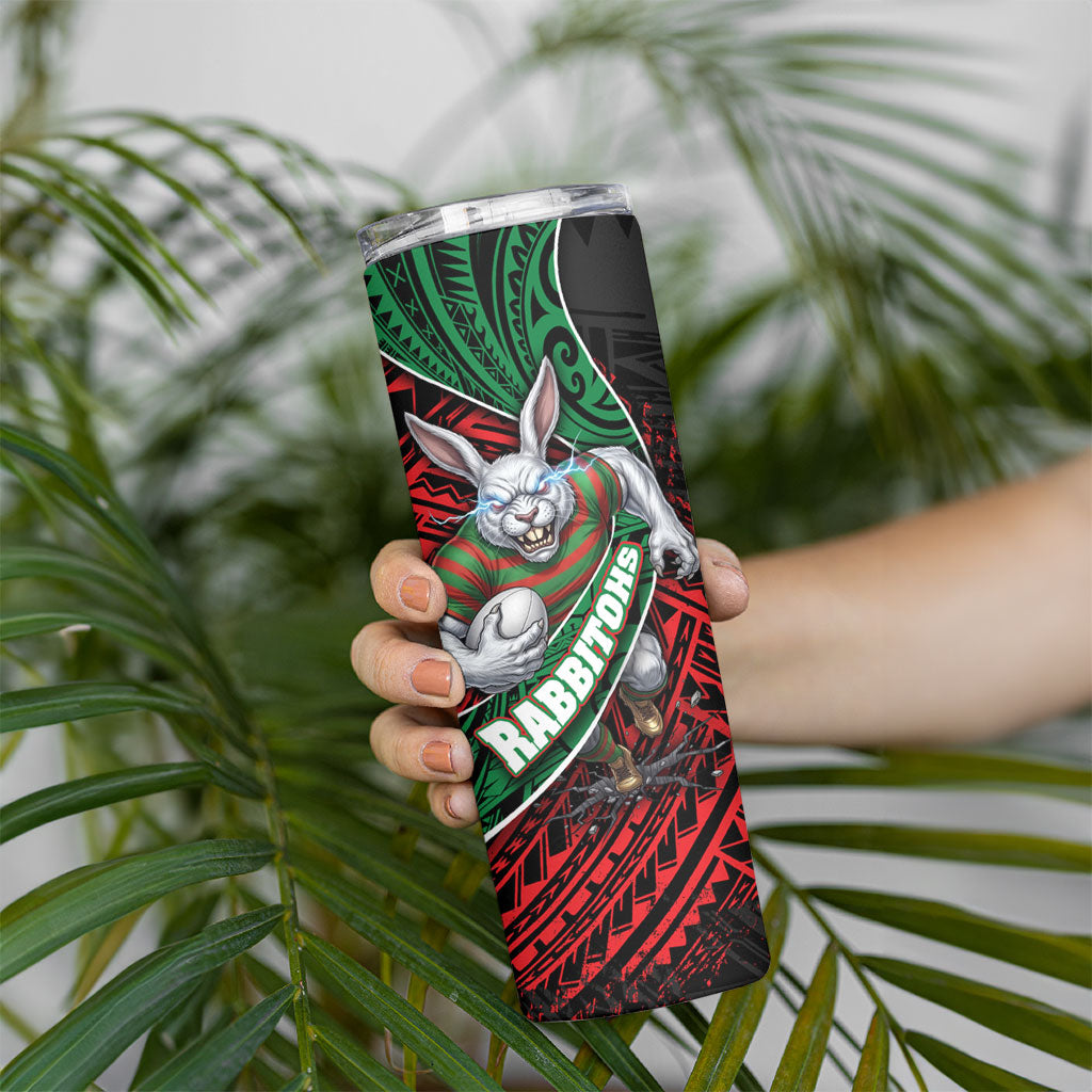 South Sydney Rabbitohs Rugby Skinny Tumbler Tribal Polynesian Power Art - Lightning Mascot