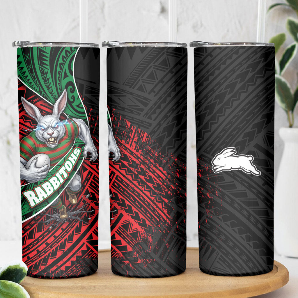 South Sydney Rabbitohs Rugby Skinny Tumbler Tribal Polynesian Power Art - Lightning Mascot