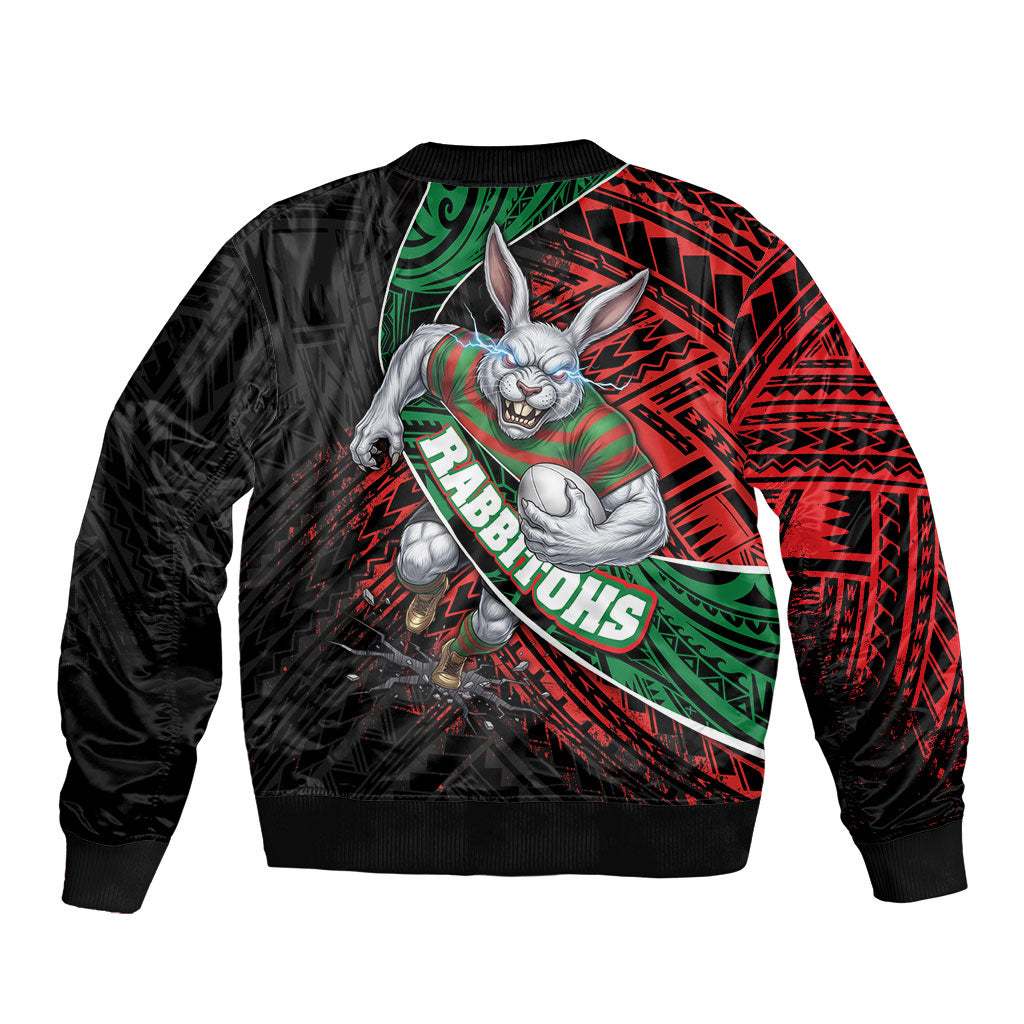 South Sydney Rabbitohs Rugby Sleeve Zip Bomber Jacket Tribal Polynesian Power Art - Lightning Mascot