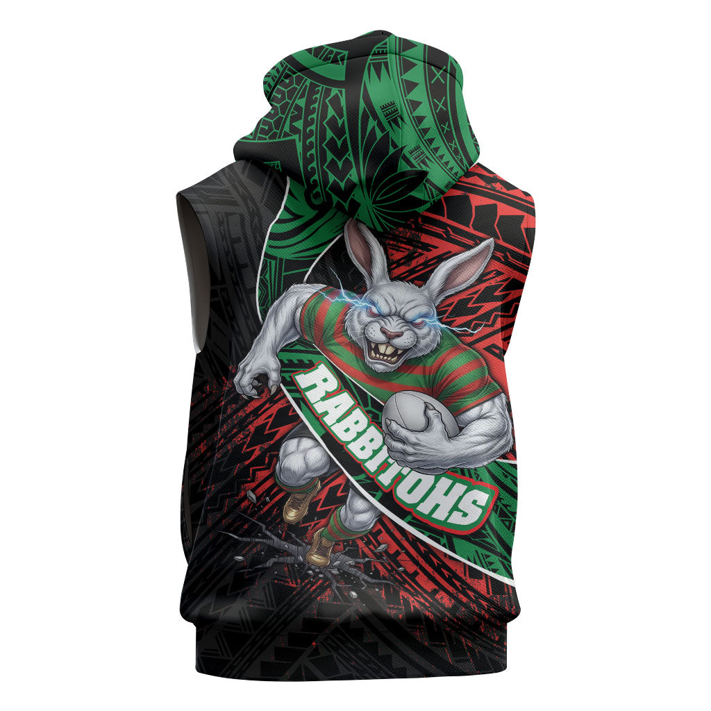 South Sydney Rabbitohs Rugby Sleeveless Hoodie Tribal Polynesian Power Art - Lightning Mascot