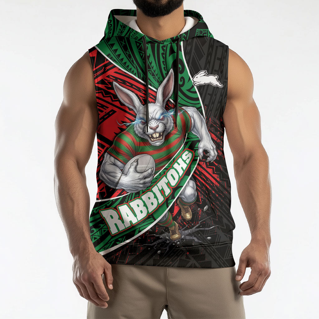 South Sydney Rabbitohs Rugby Sleeveless Hoodie Tribal Polynesian Power Art - Lightning Mascot