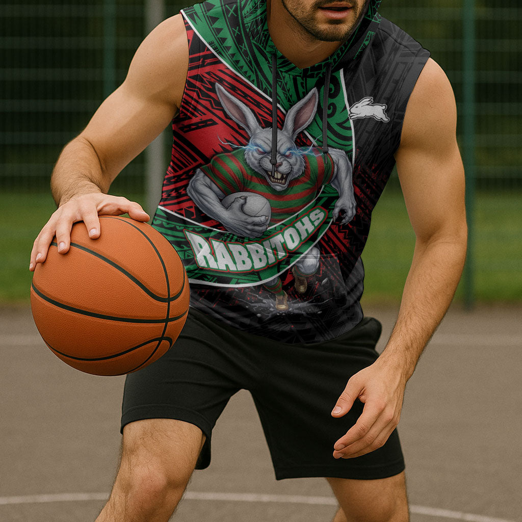South Sydney Rabbitohs Rugby Sleeveless Hoodie Tribal Polynesian Power Art - Lightning Mascot