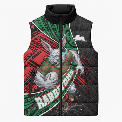 South Sydney Rabbitohs Rugby Sleeveless Puffer Jacket Tribal Polynesian Power Art - Lightning Mascot