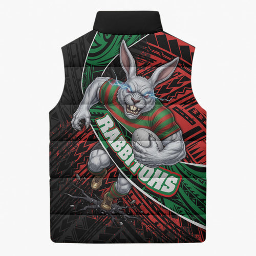 South Sydney Rabbitohs Rugby Sleeveless Puffer Jacket Tribal Polynesian Power Art - Lightning Mascot