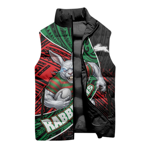 South Sydney Rabbitohs Rugby Sleeveless Puffer Jacket Tribal Polynesian Power Art - Lightning Mascot