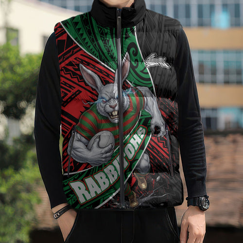 South Sydney Rabbitohs Rugby Sleeveless Puffer Jacket Tribal Polynesian Power Art - Lightning Mascot