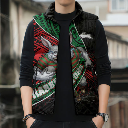 South Sydney Rabbitohs Rugby Sleeveless Puffer Jacket Tribal Polynesian Power Art - Lightning Mascot