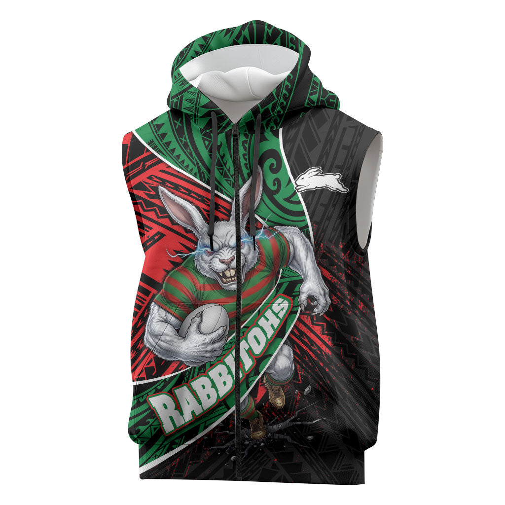 South Sydney Rabbitohs Rugby Sleeveless Zip Hoodie Tribal Polynesian Power Art - Lightning Mascot