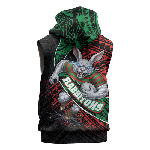 South Sydney Rabbitohs Rugby Sleeveless Zip Hoodie Tribal Polynesian Power Art - Lightning Mascot