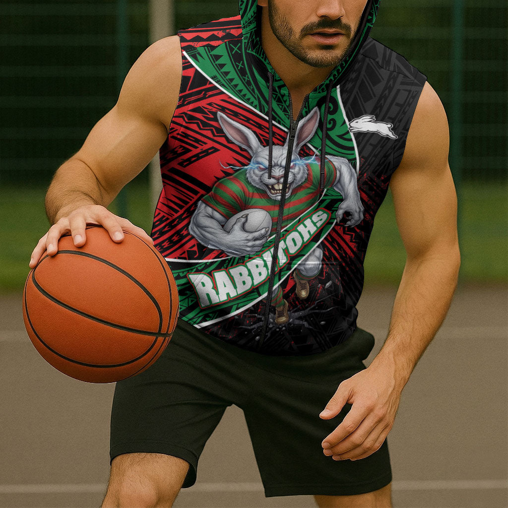 South Sydney Rabbitohs Rugby Sleeveless Zip Hoodie Tribal Polynesian Power Art - Lightning Mascot
