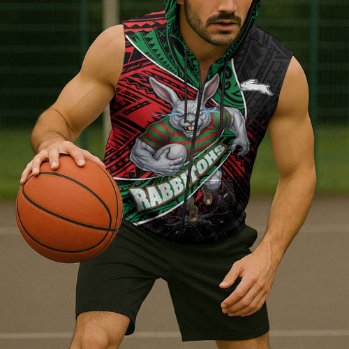 South Sydney Rabbitohs Rugby Sleeveless Zip Hoodie Tribal Polynesian Power Art - Lightning Mascot