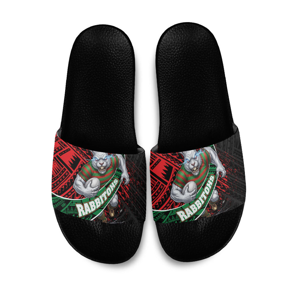 South Sydney Rabbitohs Rugby Slide Sandals Tribal Polynesian Power Art - Lightning Mascot