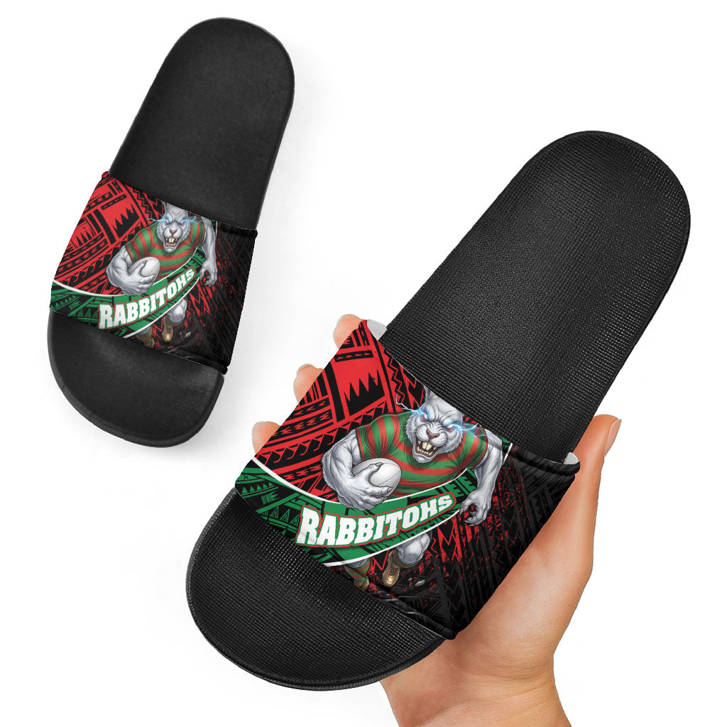 South Sydney Rabbitohs Rugby Slide Sandals Tribal Polynesian Power Art - Lightning Mascot