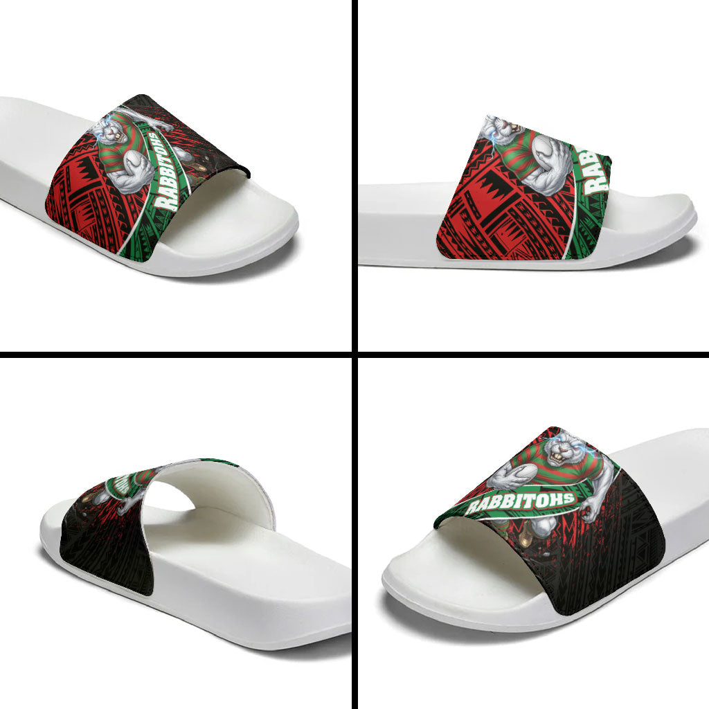 South Sydney Rabbitohs Rugby Slide Sandals Tribal Polynesian Power Art - Lightning Mascot