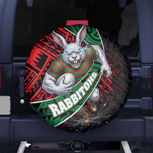 South Sydney Rabbitohs Rugby Spare Tire Cover Tribal Polynesian Power Art - Lightning Mascot