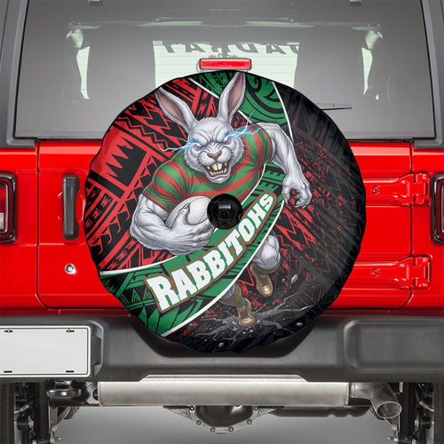 South Sydney Rabbitohs Rugby Spare Tire Cover Tribal Polynesian Power Art - Lightning Mascot