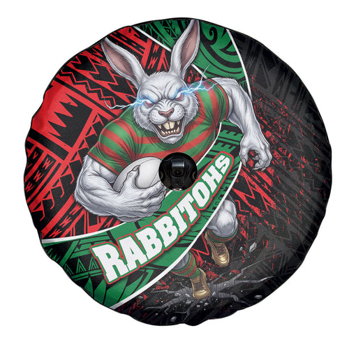 South Sydney Rabbitohs Rugby Spare Tire Cover Tribal Polynesian Power Art - Lightning Mascot