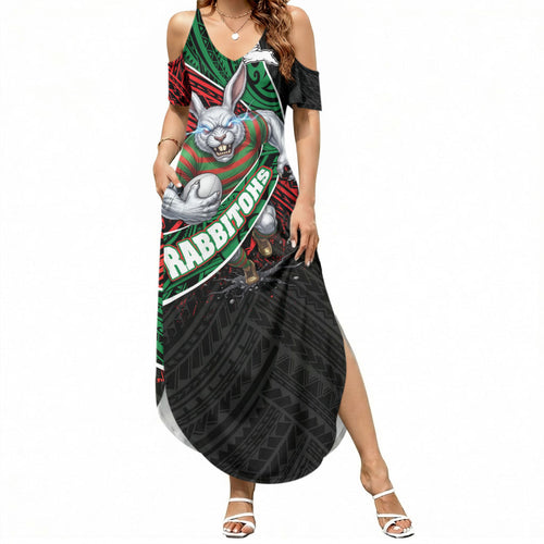 South Sydney Rabbitohs Rugby Summer Maxi Dress Tribal Polynesian Power Art - Lightning Mascot