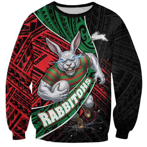 South Sydney Rabbitohs Rugby Sweatshirt Tribal Polynesian Power Art - Lightning Mascot