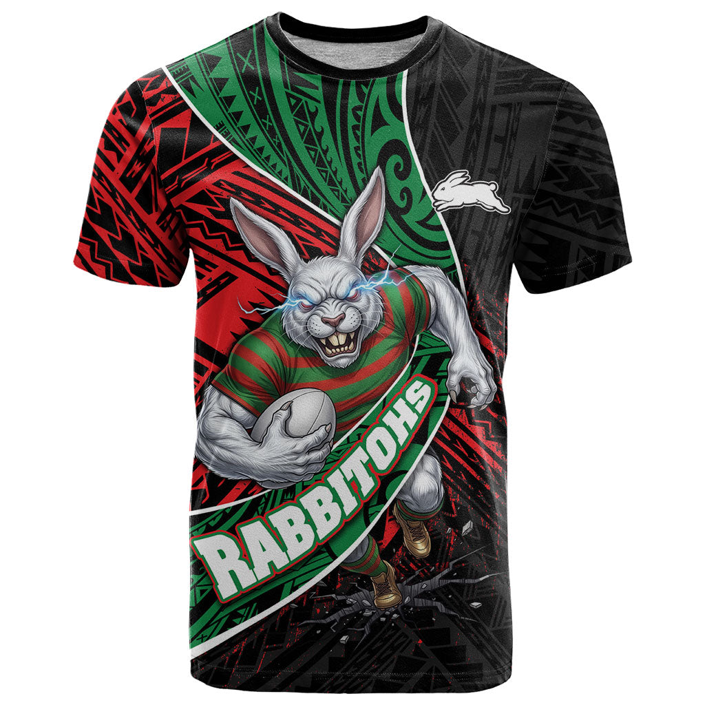 South Sydney Rabbitohs Rugby T Shirt Tribal Polynesian Power Art - Lightning Mascot